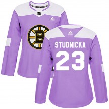 Women's Adidas Boston Bruins Jack Studnicka Purple Fights Cancer Practice Jersey - Authentic