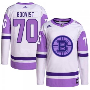 Men's Adidas Boston Bruins Jesper Boqvist White/Purple Hockey Fights Cancer Primegreen Jersey - Authentic