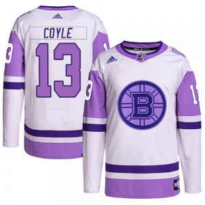 Men's Adidas Boston Bruins Charlie Coyle White/Purple Hockey Fights Cancer Primegreen Jersey - Authentic