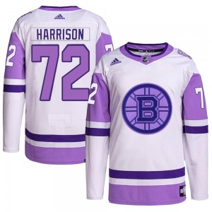Men's Adidas Boston Bruins Brett Harrison White/Purple Hockey Fights Cancer Primegreen Jersey - Authentic