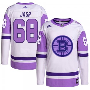 Men's Adidas Boston Bruins Jaromir Jagr White/Purple Hockey Fights Cancer Primegreen Jersey - Authentic