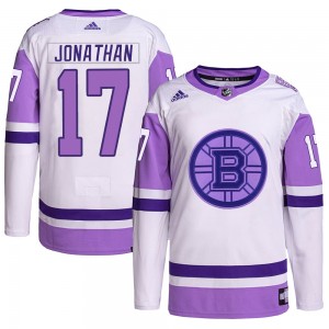 Men's Adidas Boston Bruins Stan Jonathan White/Purple Hockey Fights Cancer Primegreen Jersey - Authentic