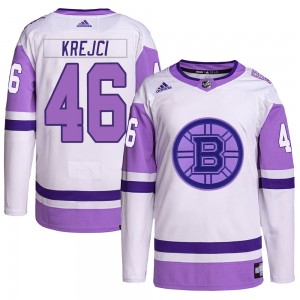 Men's Adidas Boston Bruins David Krejci White/Purple Hockey Fights Cancer Primegreen Jersey - Authentic