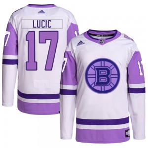 Men's Adidas Boston Bruins Milan Lucic White/Purple Hockey Fights Cancer Primegreen Jersey - Authentic