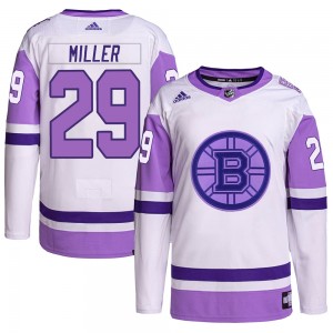 Men's Adidas Boston Bruins Jay Miller White/Purple Hockey Fights Cancer Primegreen Jersey - Authentic
