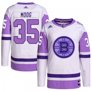 Men's Adidas Boston Bruins Andy Moog White/Purple Hockey Fights Cancer Primegreen Jersey - Authentic