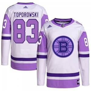 Men's Adidas Boston Bruins Luke Toporowski White/Purple Hockey Fights Cancer Primegreen Jersey - Authentic