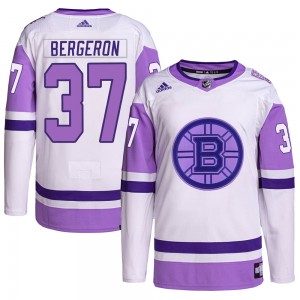 Youth Adidas Boston Bruins Patrice Bergeron White/Purple Hockey Fights Cancer Primegreen Jersey - Authentic