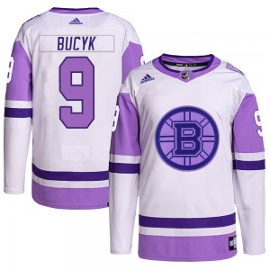Youth Adidas Boston Bruins Johnny Bucyk White/Purple Hockey Fights Cancer Primegreen Jersey - Authentic