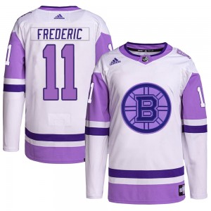 Youth Adidas Boston Bruins Trent Frederic White/Purple Hockey Fights Cancer Primegreen Jersey - Authentic