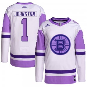Youth Adidas Boston Bruins Eddie Johnston White/Purple Hockey Fights Cancer Primegreen Jersey - Authentic