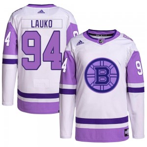 Youth Adidas Boston Bruins Jakub Lauko White/Purple Hockey Fights Cancer Primegreen Jersey - Authentic