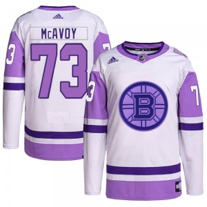 Youth Adidas Boston Bruins Charlie McAvoy White/Purple Hockey Fights Cancer Primegreen Jersey - Authentic