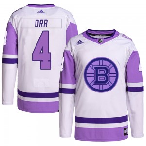 Youth Adidas Boston Bruins Bobby Orr White/Purple Hockey Fights Cancer Primegreen Jersey - Authentic