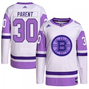 Youth Adidas Boston Bruins Bernie Parent White/Purple Hockey Fights Cancer Primegreen Jersey - Authentic