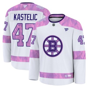 Youth Fanatics Boston Bruins Mark Kastelic White 2024 Hockey Fights Cancer Practice Jersey - Premium