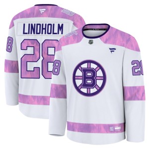 Youth Fanatics Boston Bruins Elias Lindholm White 2024 Hockey Fights Cancer Practice Jersey - Premium
