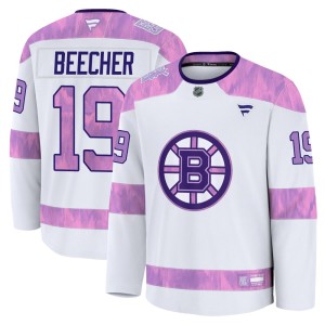 Men's Fanatics Boston Bruins Johnny Beecher White 2024 Hockey Fights Cancer Practice Jersey - Premium