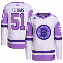Youth Adidas Boston Bruins Matthew Poitras White/Purple Hockey Fights Cancer Primegreen Jersey - Authentic